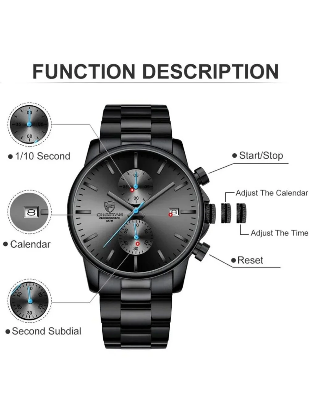 Stylish Men's Waterproof Chronograph Watch - Stainless Steel, Auto Date